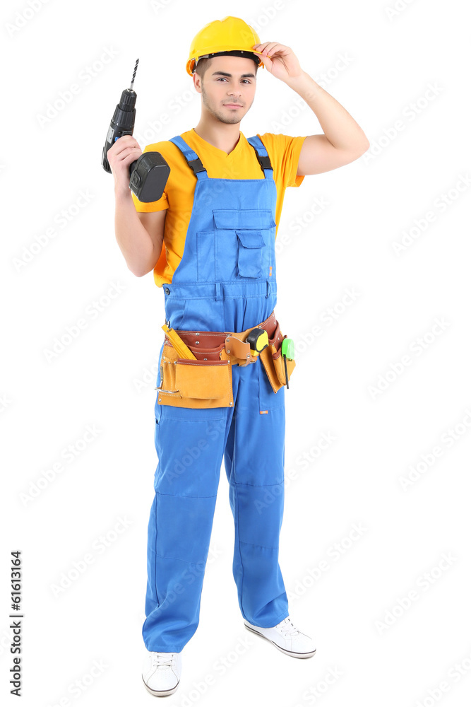 Male builder in yellow helmet isolated on white Male builder in yellow helmet isolated on white
