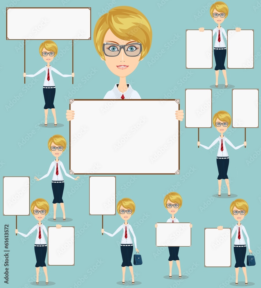 Business woman with a posters for text, set Business woman with a posters for text, set