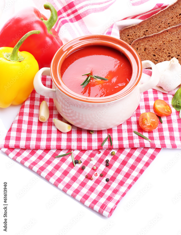 Tasty tomato soup and vegetables, isolated on white Tasty tomato soup and vegetables, isolated on white