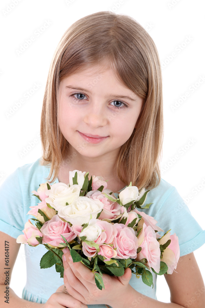 Beautiful little girl holding bouquet isolated on white