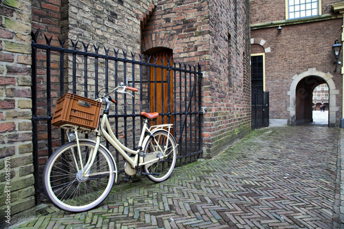 White bicycle near the lattice in Binnenhof, Hague, Netherlands