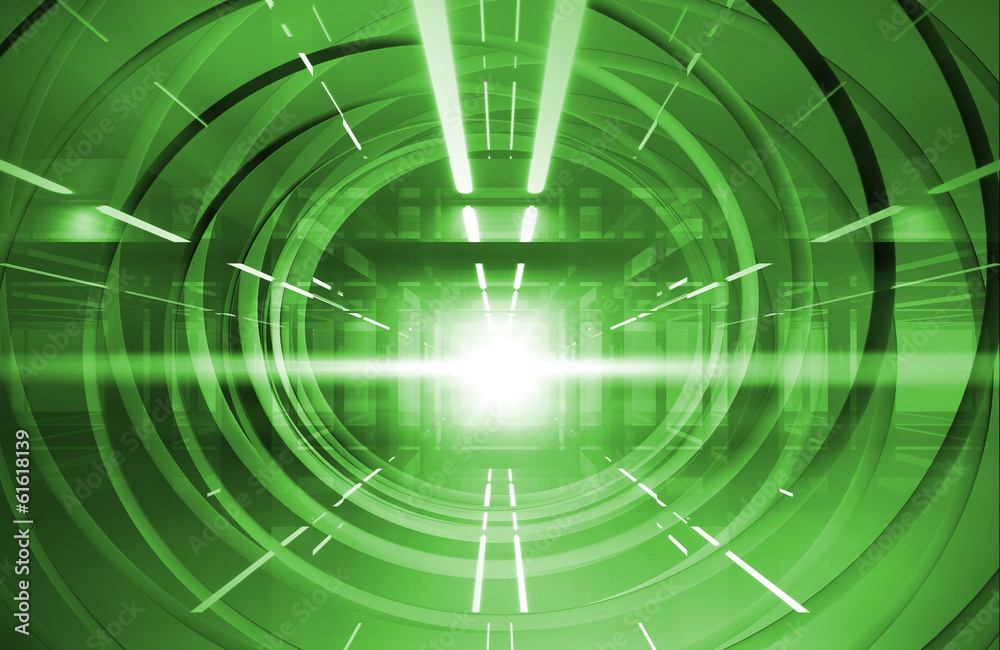 Abstract green shining tunnel interior with neon lights