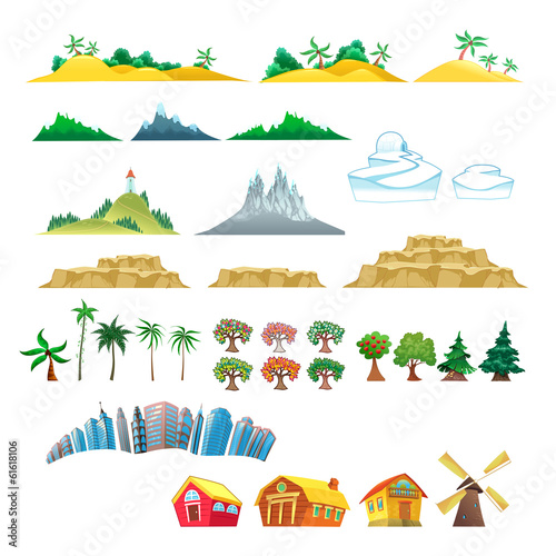 Set of trees, mountains, hills, islands and buildings.