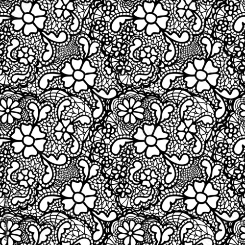 Lace black seamless pattern with flowers on white background © comotomka