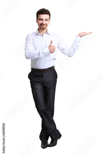 Business man presenting over a white background 