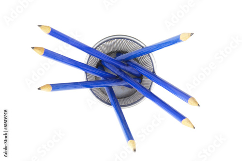 Blue pencils closeup. Up view
