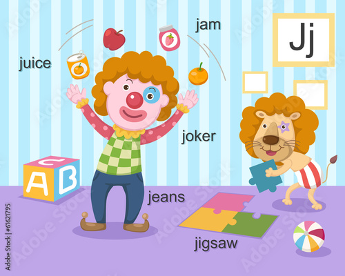 Alphabet.J letter.juice,jam,jo ker,jeans,jigsaw.
