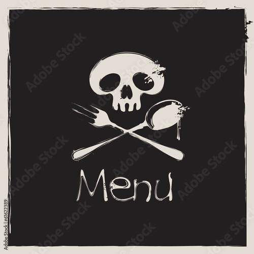 Cover for a menu with a human skull with a spoon and fork