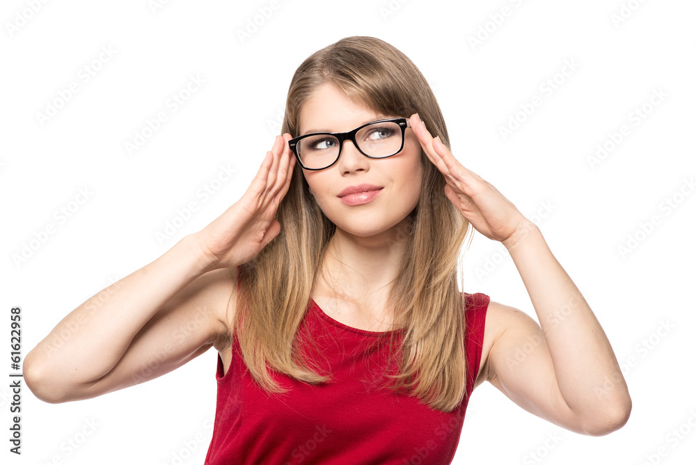 Optician woman wearing stylish eyeglasses, isolated on white Optician woman wearing stylish eyeglasses, isolated on white
