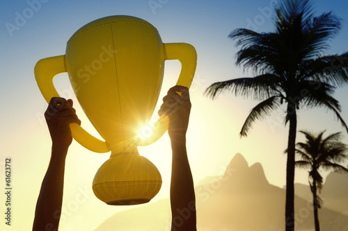 Hands Holding Trophy Rio de Janeiro Skyline photo