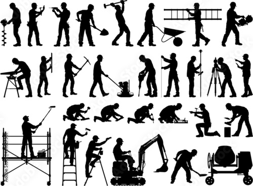 Fototapet Construction workers vector silhouettes