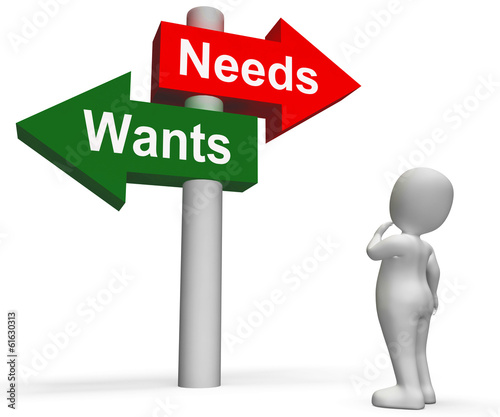 фотографія Wants Needs Signpost Shows Materialism Want Need