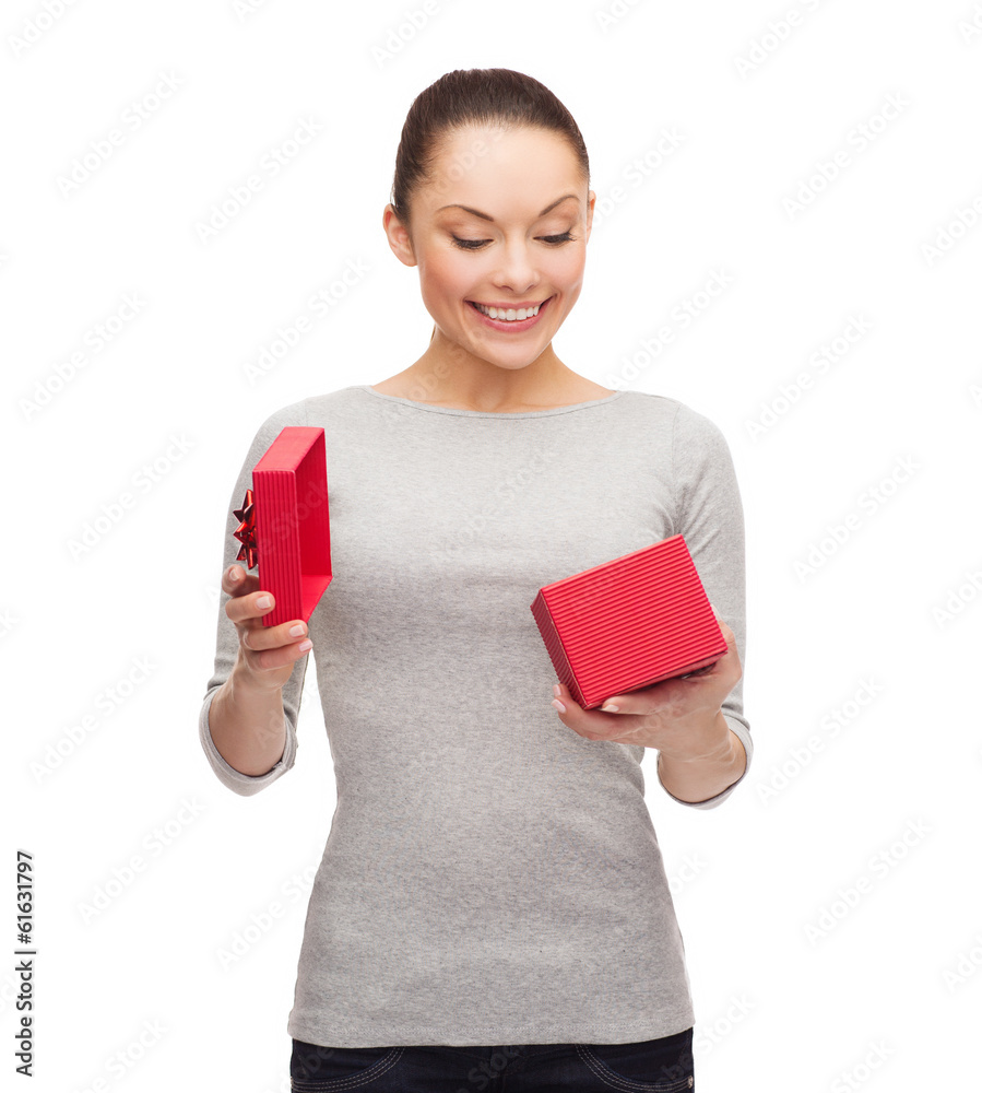 beautiful girl opening red gift box beautiful girl opening red gift box