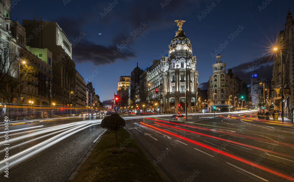 Night lights of Madrid in the "gran via" street - obrazy, fototapety, plakaty 