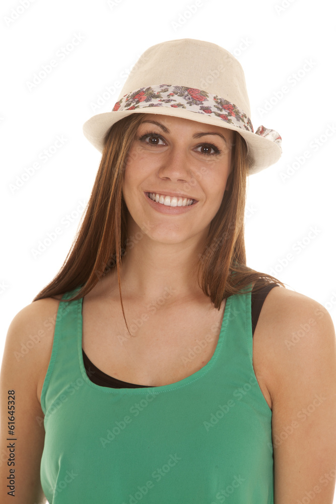 woman green tank flower hat close smile woman green tank flower hat close smile