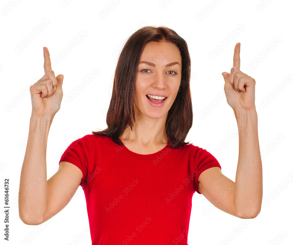 young woman shows sign and symbol by hands on white background young woman shows sign and symbol by hands on white background