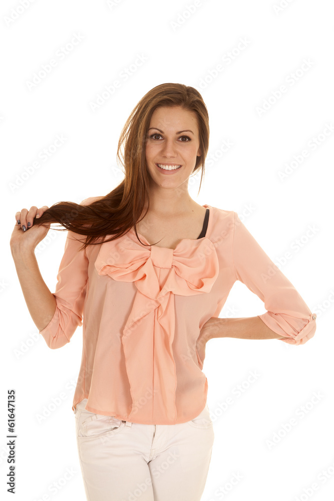 woman shirt with big bow hold hair woman shirt with big bow hold hair