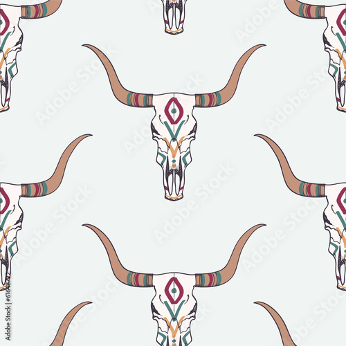 Vector seamless pattern with bull skull and ethnic ornament