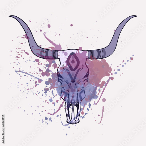 Vector illustration of bull skull with watercolor splash