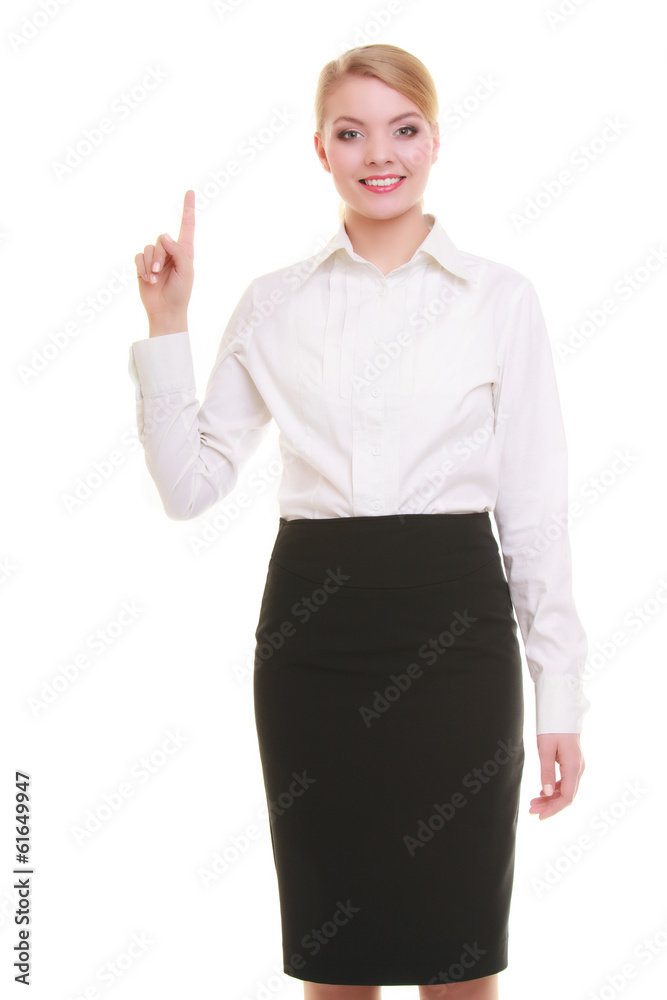 Business woman pressing button or pointing isolated Business woman pressing button or pointing isolated