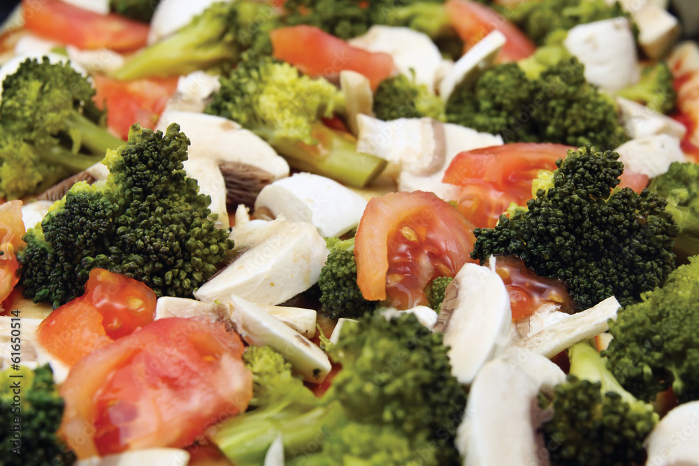 fresh vegetables background, broccoli, tomatoes and mushrooms fresh vegetables background, broccoli, tomatoes and mushrooms