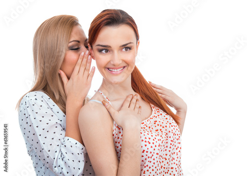 Two happy young girl friends talking or whispering