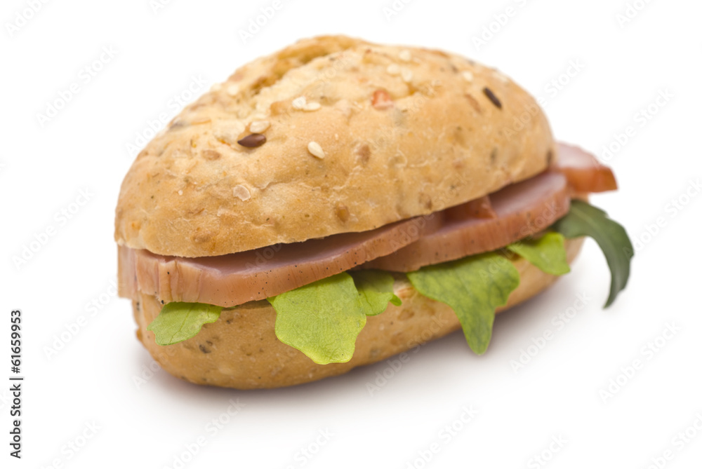 Sandwich with Ham and Arugula isolated on white Sandwich with Ham and Arugula isolated on white
