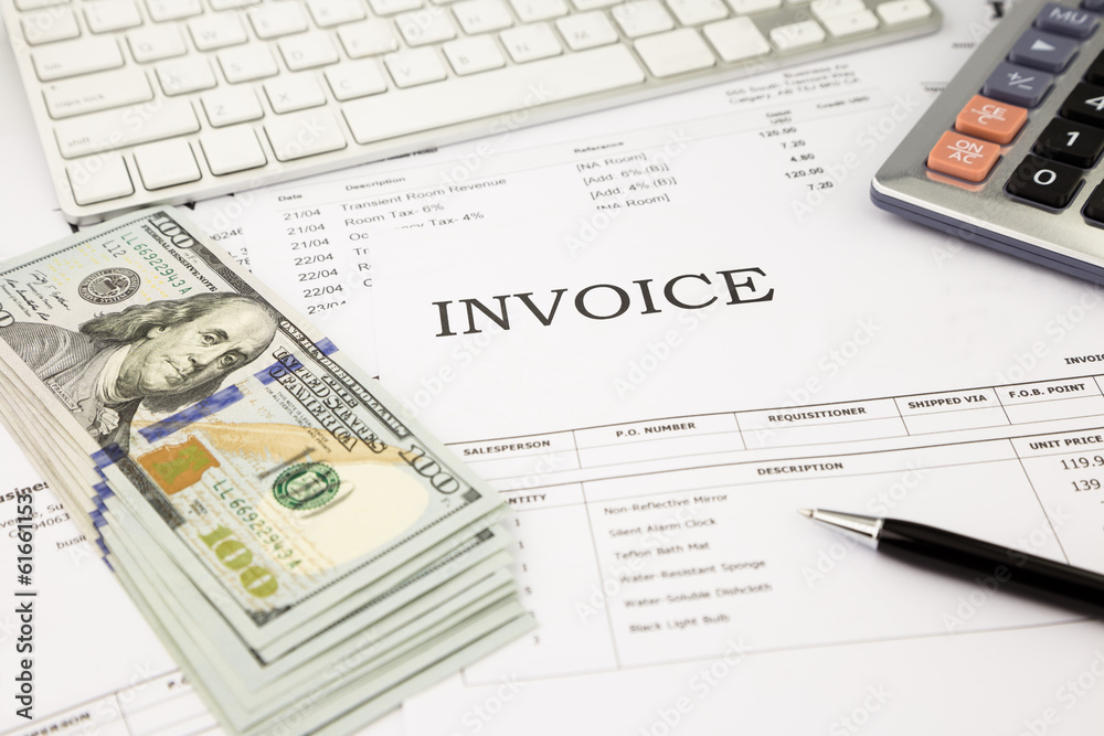 invoice documents and dollar money banknotes on office table invoice documents and dollar money banknotes on office table