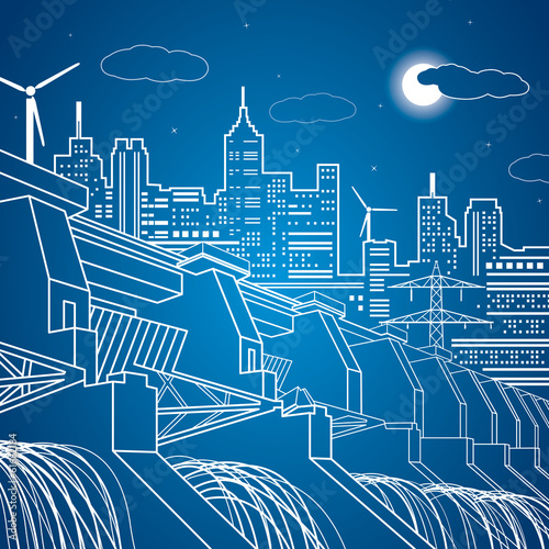 Vector hydro power plant, vector lines energy city, lines town