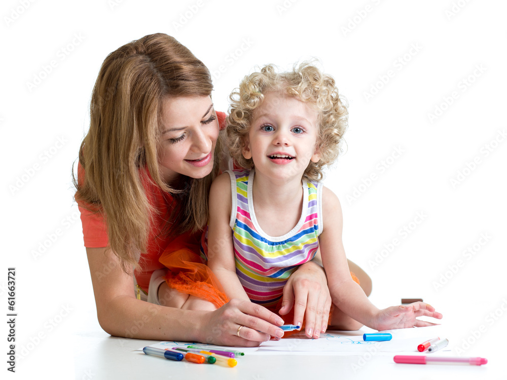 little child with mother drawing with color pen over white