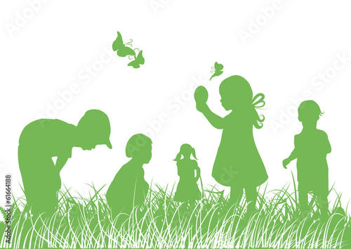 Hintergrund,Shilhoutten, Kinder,Bio,Eier,Wiese,grün #61664188
