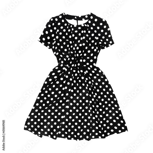 Black polka dot retro dress on white background