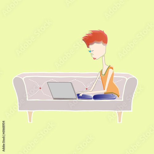 girl working with laptop on couch at home