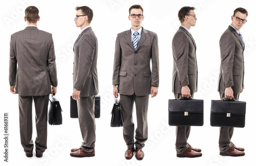 Fotografie Businessman with suitcase from all sides. Front, side, back