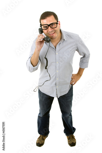 young man with a phone and glasses, isolated on white