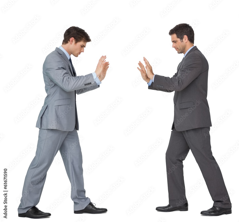 Business partners pushing copy space looking down Business partners pushing copy space looking down