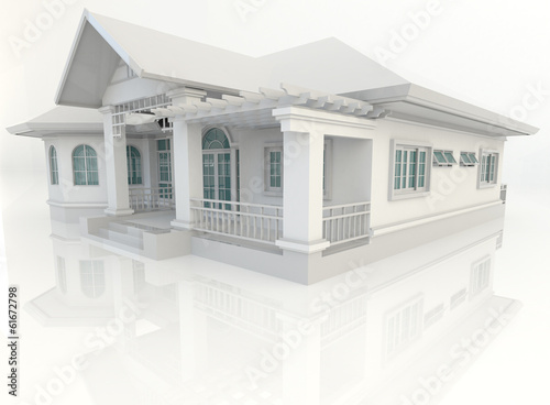 3D vintage house exterior design with refelction in white backgr