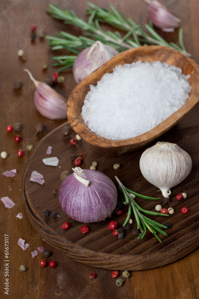 garlic, rosemary, sea salt and spices garlic, rosemary, sea salt and spices
