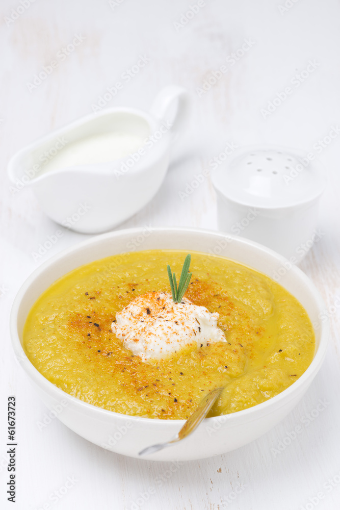 vegetable soup with cream and rosemary, vertical vegetable soup with cream and rosemary, vertical