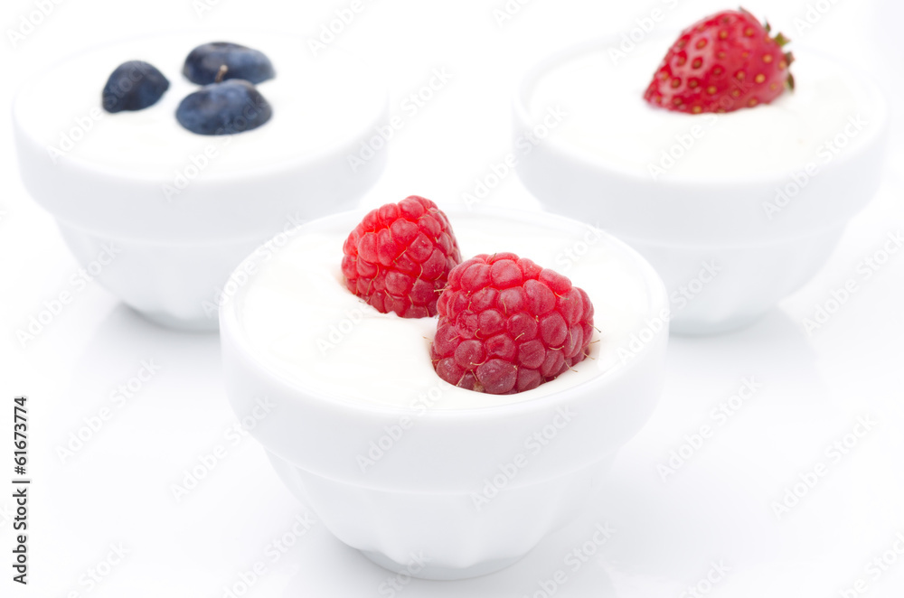 yogurt with different fresh berries in bowls on white yogurt with different fresh berries in bowls on white