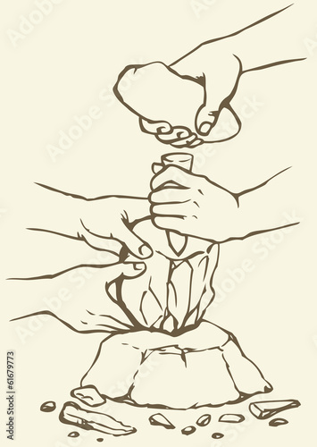 Vector illustration. Primitive people make stone tools
