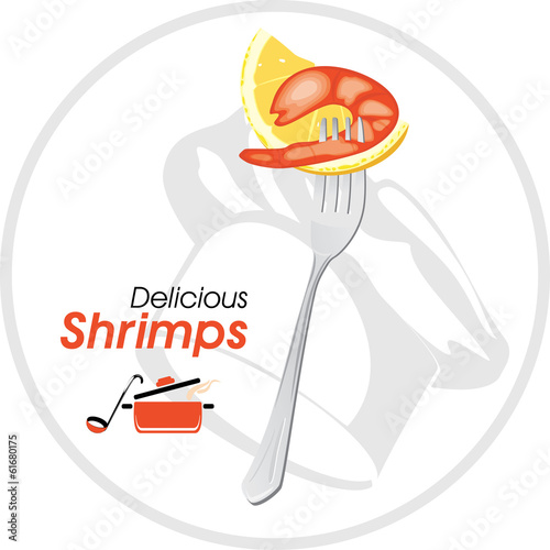 Delicious shrimp on a fork. Icon for a cooking design