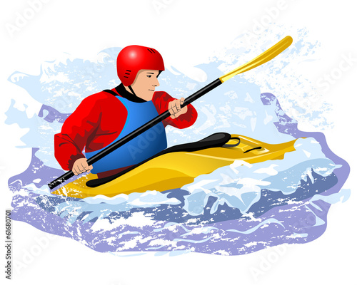 kayaker in blue life vest rawing in yellow boat