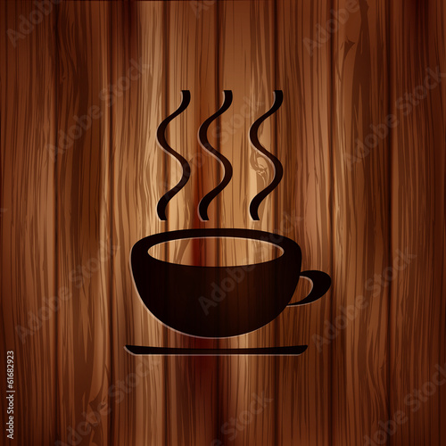 Hot drink web icon. Wooden background.
