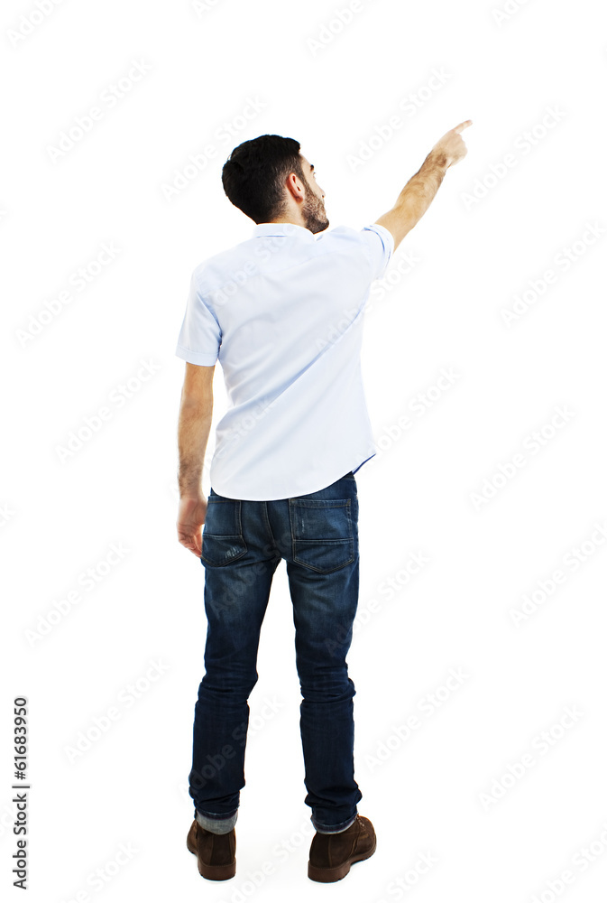 Back view of pointing young men in shirt and jeans Back view of pointing young men in shirt and jeans