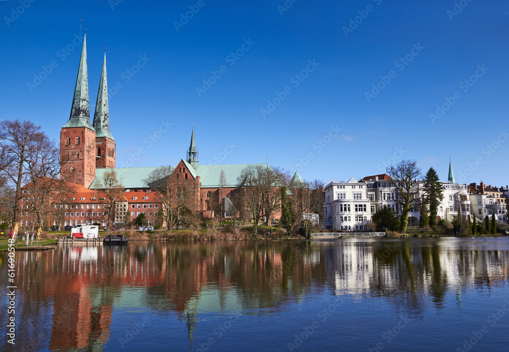 Trave river, old town of Lubeck, Germany
