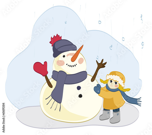 Snowman and little girl enjoyed the snow © Yuliya Vasilyeva