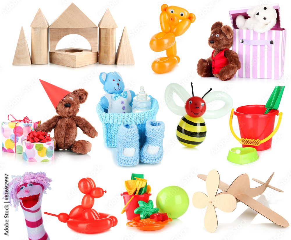 Naklejka premium Collage of children toys isolated on white
