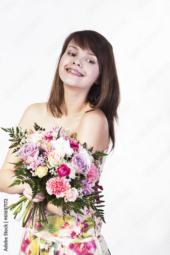 smiling caucasian young woman with bouquet smiling caucasian young woman with bouquet