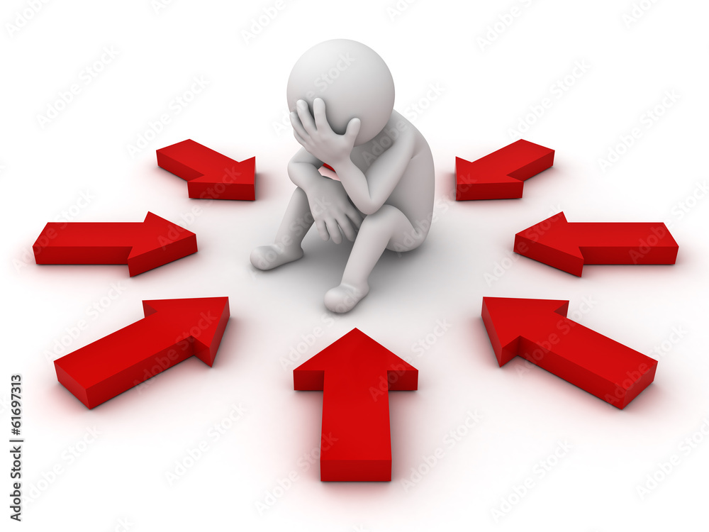 Stressed 3d man sitting with red arrows around him on white Stressed 3d man sitting with red arrows around him on white